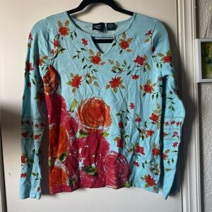 Christina Rotelli Floral Silk Top Sweater‎ Shirt S small Blue Flowers blouse